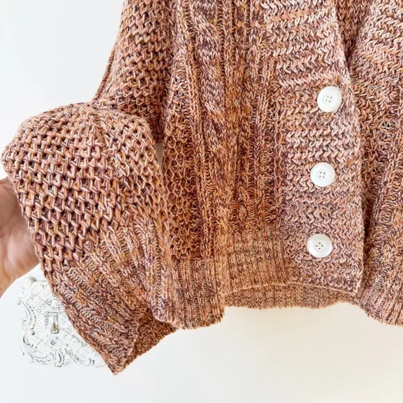 The Great. The Montana Cropped Cable Cardigan Coral Pink Prairie Marl Knit 2 / M - Picture 6 of 9